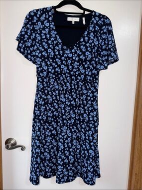 Lark & Ro Navy with Light Blue Floral V-Neck Mini Dress